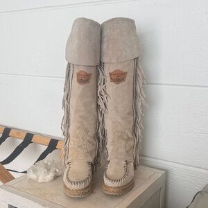 Beige Fringe Knee-High Boots